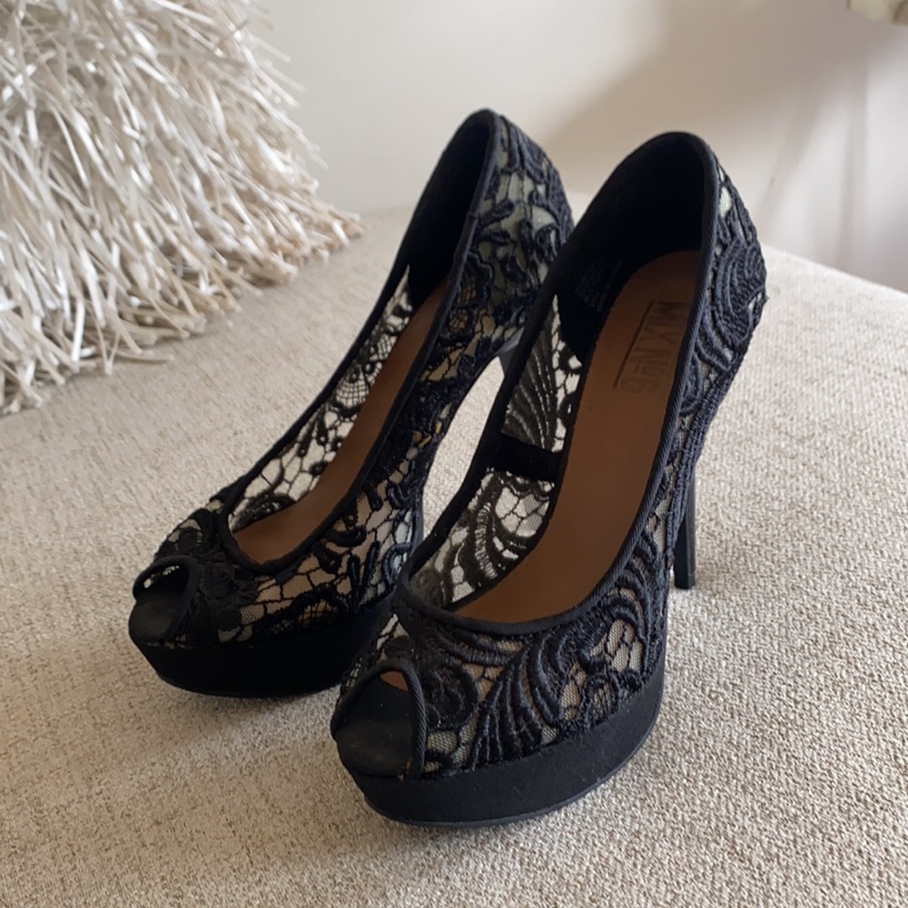 🪞NEW stunning black nude lace open toe heels in size 6 - Picture 4 of 17